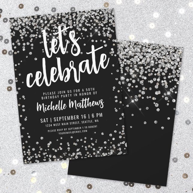 Invitación Cumpleaños de cualquier edad con brillo plateado n (Black Silver Glitter Any Age Birthday Invitation)