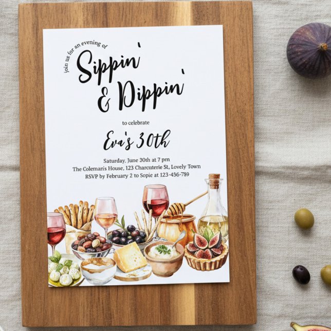 Invitación Cumpleaños de cualquier edad con charcutería para  (Sippin' & Dippin' Charcuterie invitation for foodie gathering or any age birthday bash)