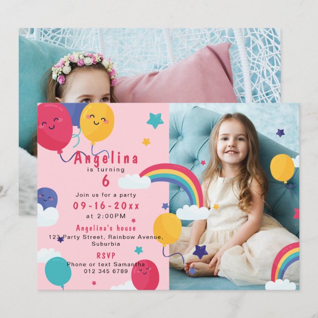 Invitación Cumpleaños de cualquier edad con globos rosados y  (Anverso / Reverso)