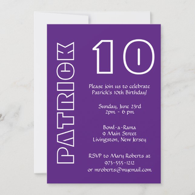 Invitación Cumpleaños de cualquier edad en morado y blanco (Anverso)