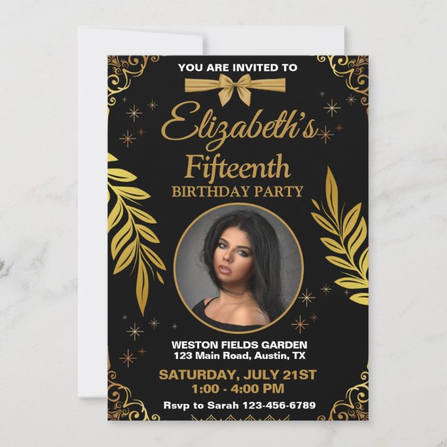 Invitación Cumpleaños de cualquier edad en negro y dorado (Anverso)