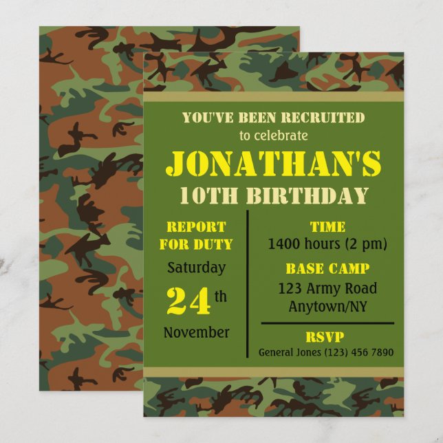 Invitación Cumpleaños de cualquier edad militar (Anverso / Reverso)