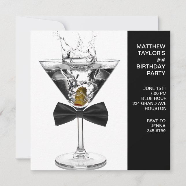 Invitación Cumpleaños de cualquier número con copa de Martini (Anverso)