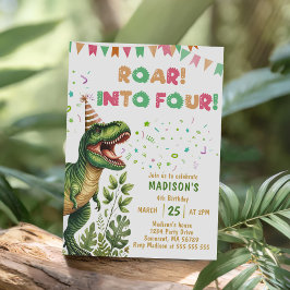 Invitación Cumpleaños de cuarto aniversario de dinosaurio ros