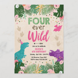 Invitación Cumpleaños de cuatro Chicas de dinosaurios rosados
