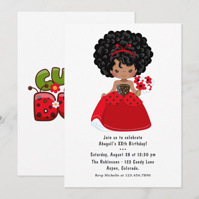 Invitación Cumpleaños de cuento de hadas de Mariquita Princes (Anverso / Reverso)