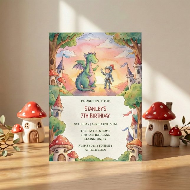 Invitación Cumpleaños de cuento de hadas del Caballero con Dr (Watercolor Knight Dragon Fairytale Birthday Party Invitation)