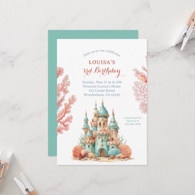 Invitación Cumpleaños de cuento de hadas del castillo de aren (Anverso/Reverso In Situ)