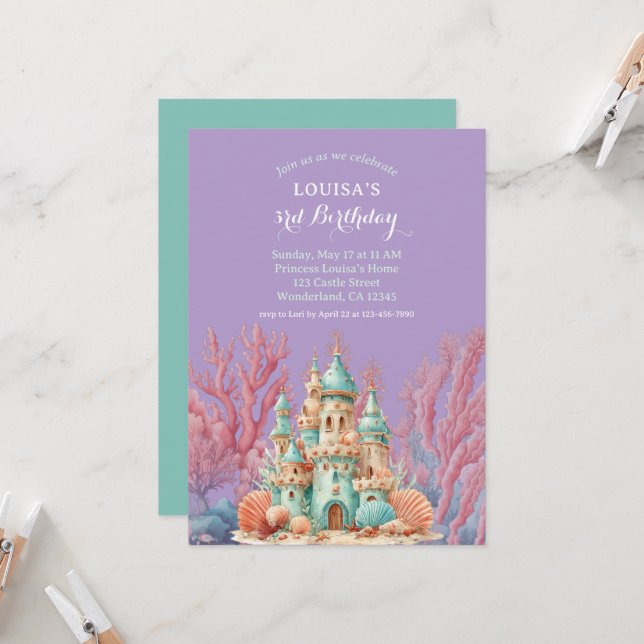 Invitación Cumpleaños de cuento de hadas del castillo de aren (Anverso/Reverso In Situ)