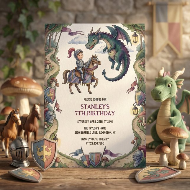 Invitación Cumpleaños de cuento de hadas medieval de caballer (Knight and Dragon Fairytale Birthday Party Invitation)