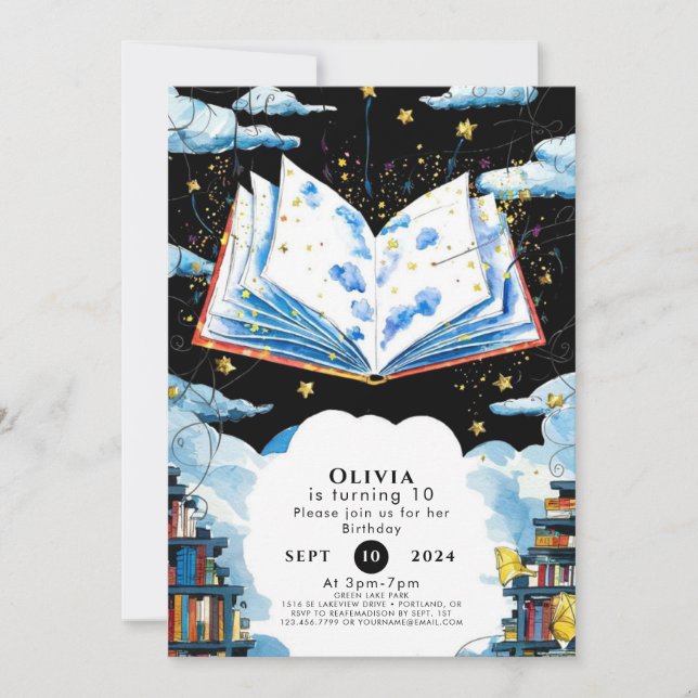 Invitación Cumpleaños de cuento de historias mágicas para niñ (Anverso)