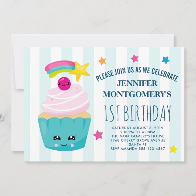 Invitación Cumpleaños de Cupcake Bonito con Cara Kawaii (Anverso)