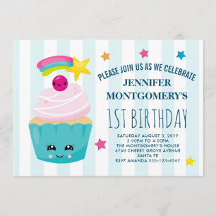 Invitación Cumpleaños de Cupcake Bonito con Cara Kawaii