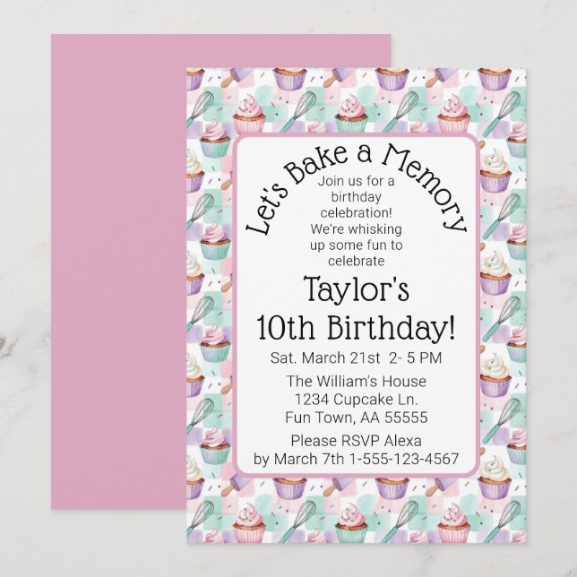 Invitación Cumpleaños de Cupcake de Acuarela Vamos a Hornear  (Anverso / Reverso)