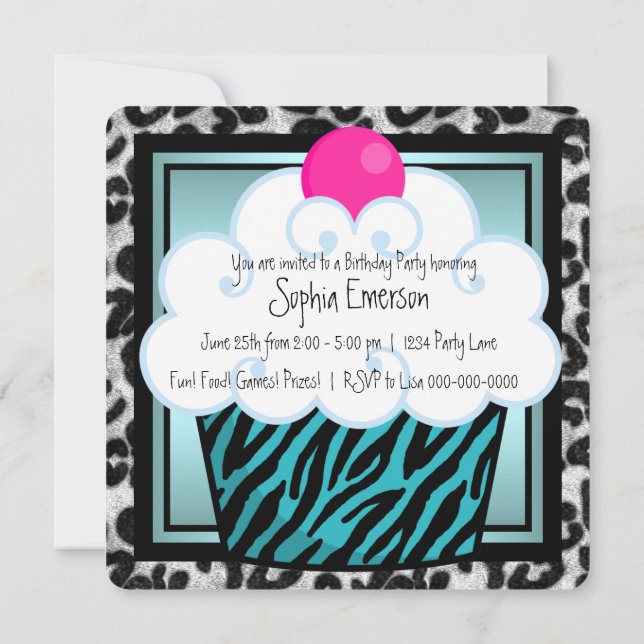 Invitación Cumpleaños de Cupcake de Cebra Azul Turquesa (Reverso)