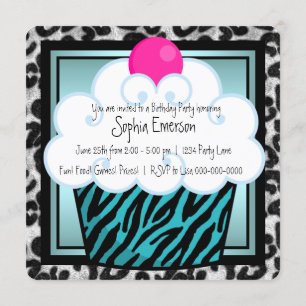 Invitación Cumpleaños de Cupcake de Cebra Azul Turquesa