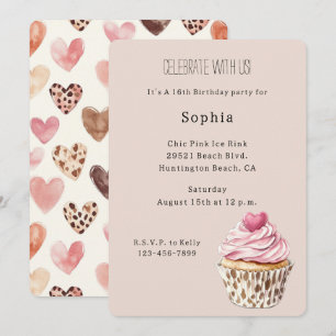 Invitación Cumpleaños de Cupcake de Corazón Rosa Crema Leopar