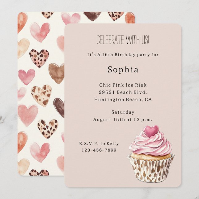 Invitación Cumpleaños de Cupcake de Corazón Rosa Crema Leopar (Anverso / Reverso)