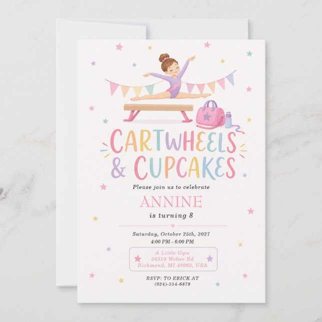 Invitación Cumpleaños de Cupcake de Gimnasia Personalizado  (Anverso)