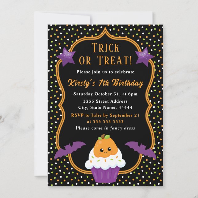 Invitación Cumpleaños de Cupcake de Halloween Truco o Trato L (Anverso)