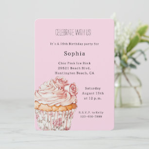 Invitación Cumpleaños de Cupcake Floral de Rosas Rosadas Lind