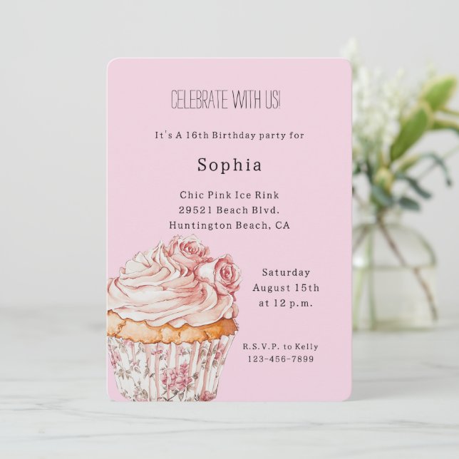 Invitación Cumpleaños de Cupcake Floral de Rosas Rosadas Lind (Anverso de pie)