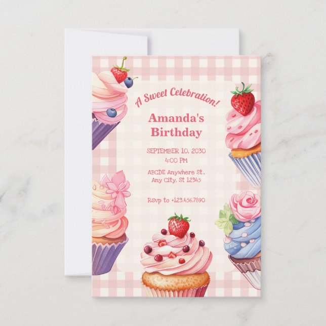 Invitación Cumpleaños de cupcake rosa (Anverso)