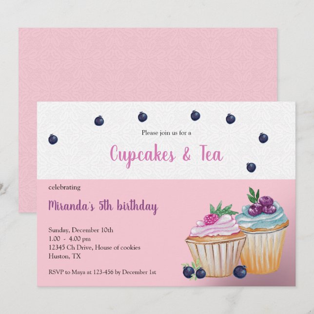 Invitación Cumpleaños de cupcakes y té (Anverso / Reverso)
