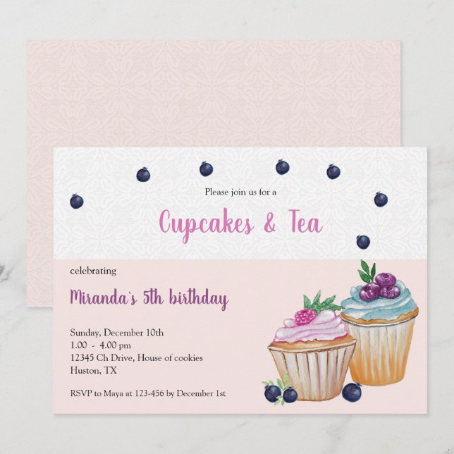 Invitación Cumpleaños de cupcakes y té (Anverso / Reverso)