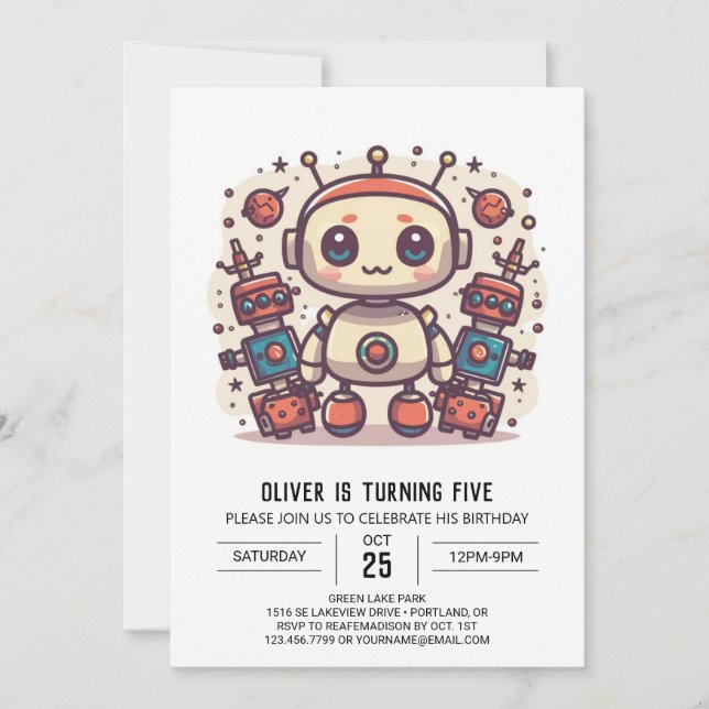 Invitación Cumpleaños de Cute Boy Personalizado Robot (Anverso)