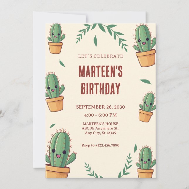 Invitación Cumpleaños de Cute Cactus (Anverso)