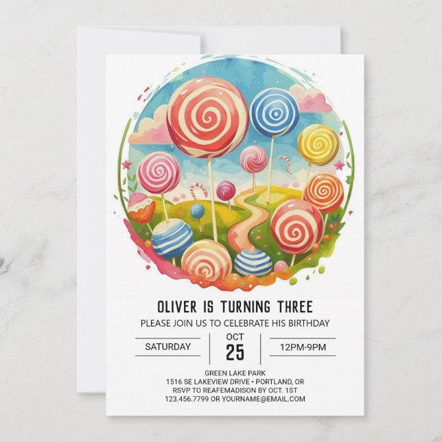Invitación Cumpleaños de Cute Candy Lollipop (Anverso)