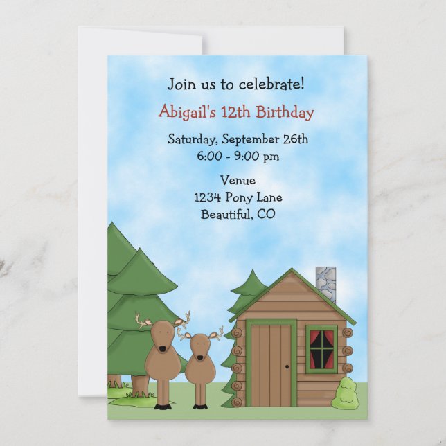 Invitación Cumpleaños de Cute Deer y Cabin Woodland (Anverso)
