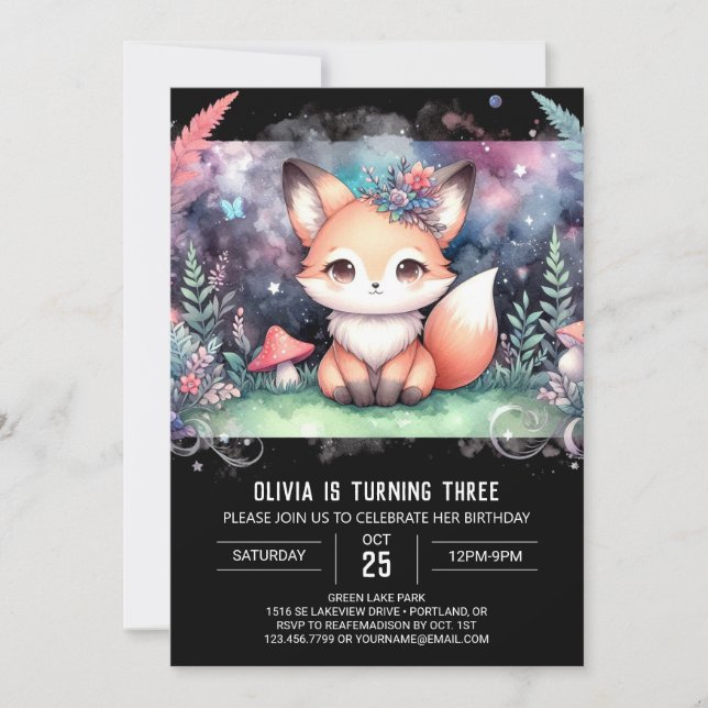 Invitación Cumpleaños de Cute Fantasy Fox (Anverso)