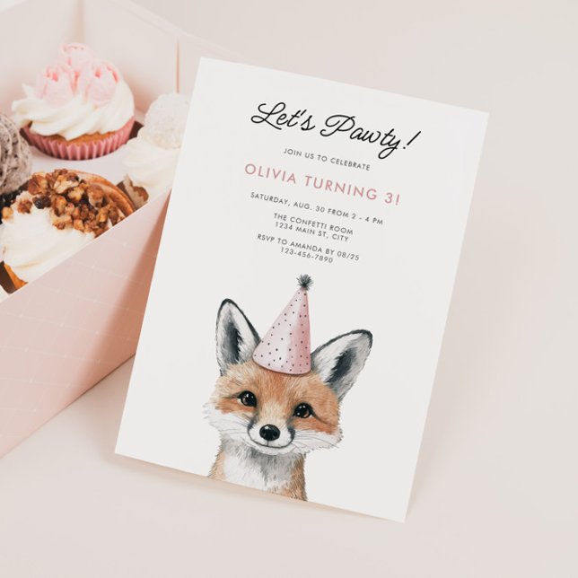 Invitación Cumpleaños de Cute Fox Fiesta Gorra Woodland (Party Animal Fox Birthday Invite)