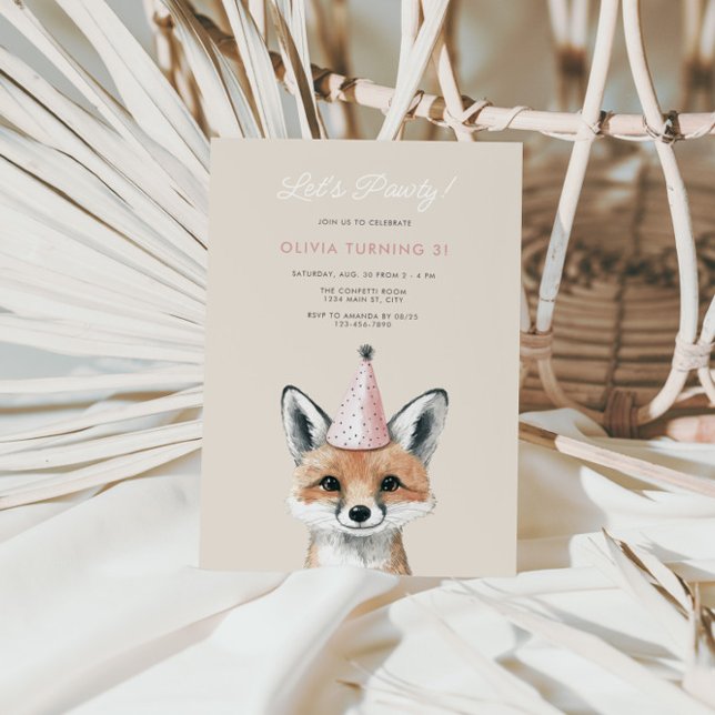 Invitación Cumpleaños de Cute Fox Fiesta Gorra Woodland (Girls Fox Party Hat Birthday Invite)