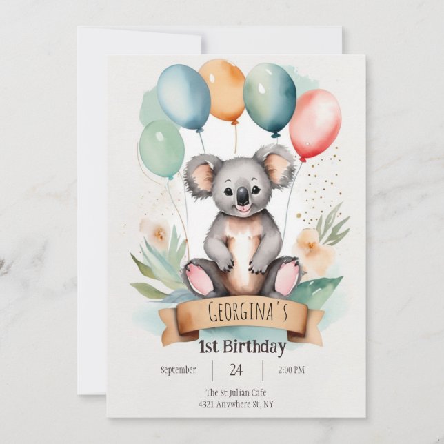 Invitación Cumpleaños de Cute Girly Koala (Anverso)