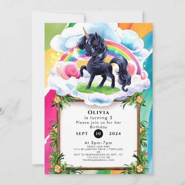 Invitación Cumpleaños de Cute Happy Black Unicorn (Anverso)