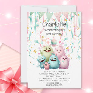 Invitación Cumpleaños de Cute Little Monsters niña 1er