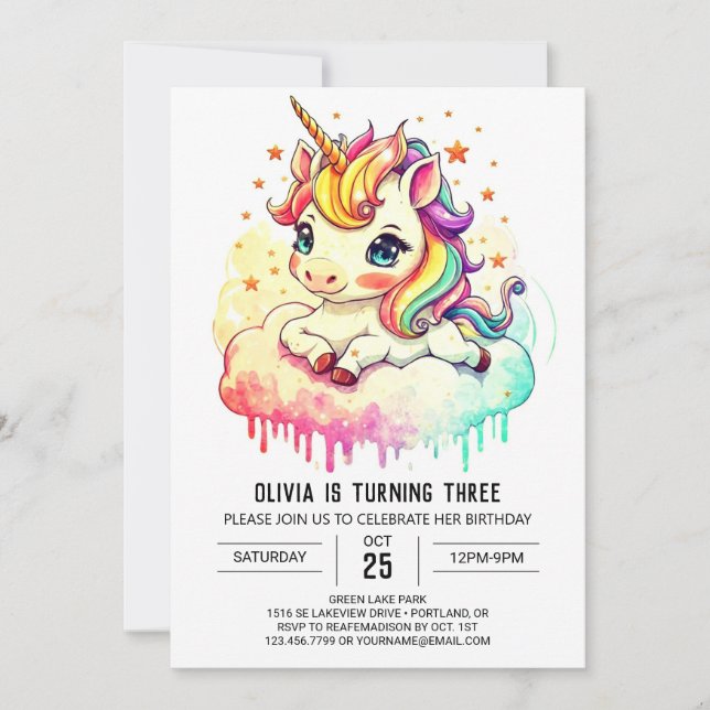 Invitación Cumpleaños de Cute Magic Unicorn (Anverso)