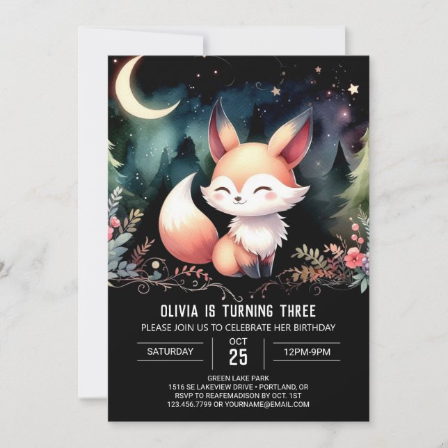 Invitación Cumpleaños de Cute Pastel Fox (Anverso)