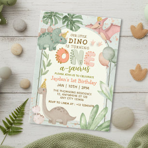 Invitación Cumpleaños de Cute Pastel Verde Dinosaurio One-A-S