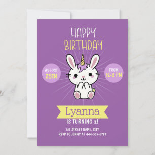 Invitación Cumpleaños de Cute Pink Purple Kawaii Unicornio 2 
