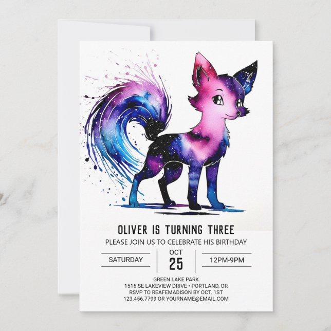 Invitación Cumpleaños de Cute Purple Fox Digital Boy (Anverso)