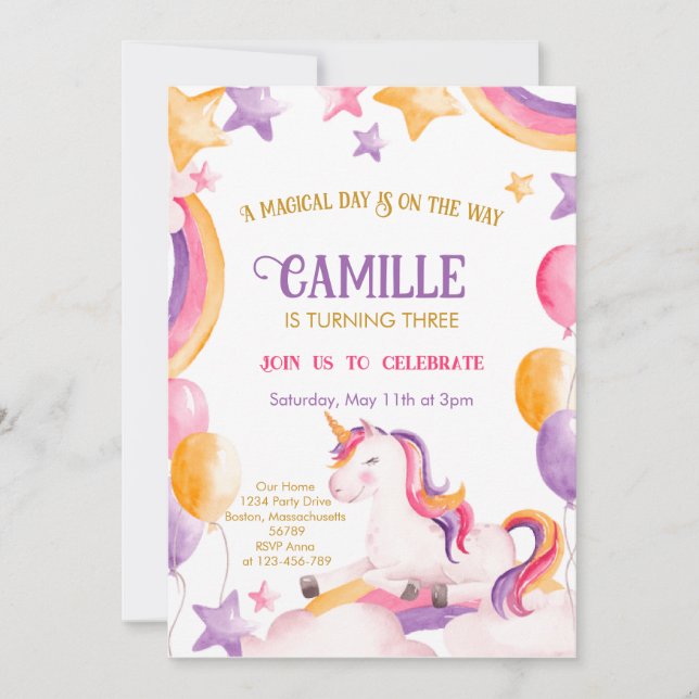 Invitación Cumpleaños de Cute Unicorn (Anverso)