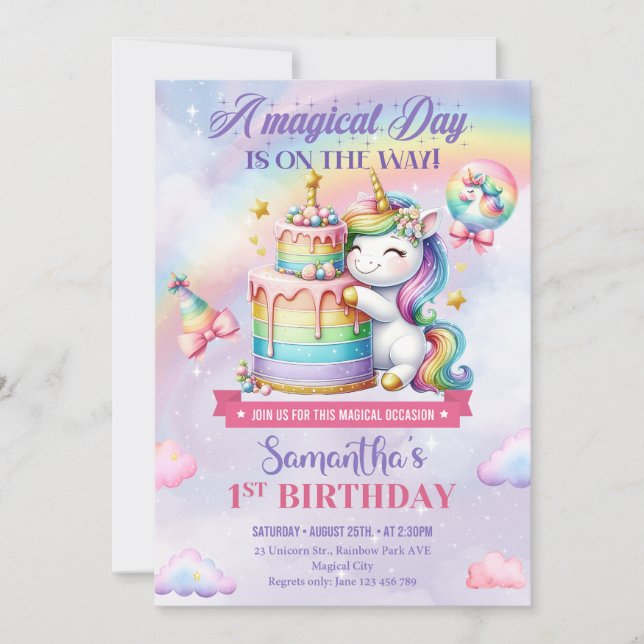 Invitación Cumpleaños de Cute Unicorn (Anverso)