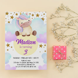 Invitación Cumpleaños de Cute Unicorn y Gold Stars