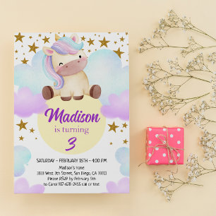 Invitación Cumpleaños de Cute Unicorn y Gold Stars