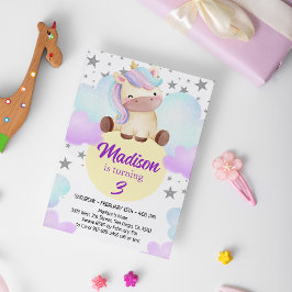 Invitación Cumpleaños de Cute Unicorn y Silver Stars