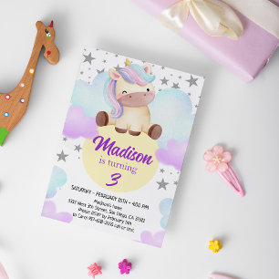 Invitación Cumpleaños de Cute Unicorn y Silver Stars